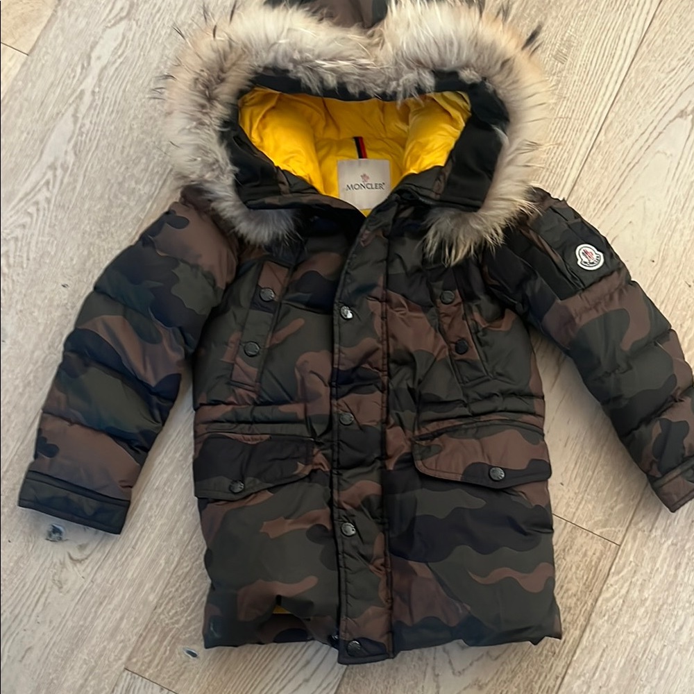 Moncler Kids Camouflage Puffer Coat with Fur Hood